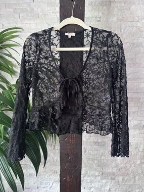 Peach Sheer Black Floral Lace Tie-Front Cover Size M